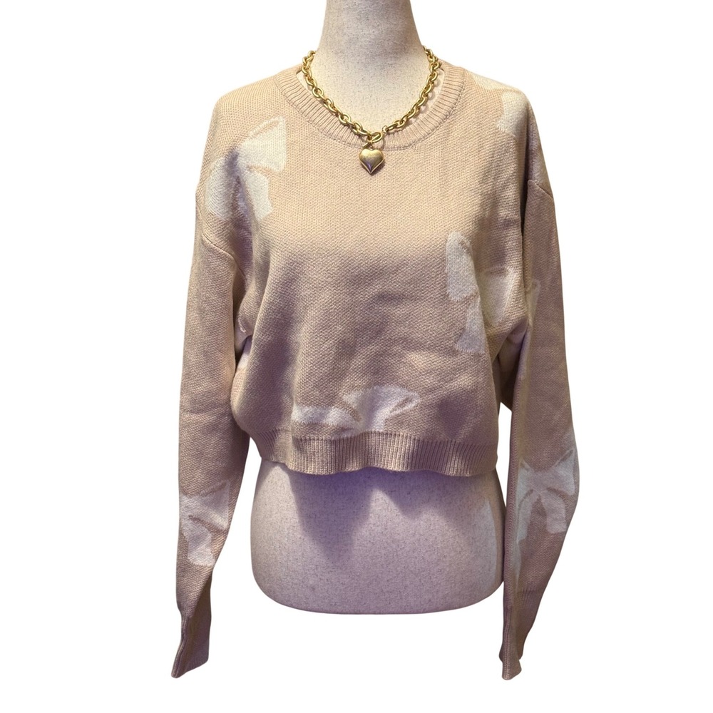 LE LIS COLLECTION Women‎ Sweater Beige Bow Pattern Cropped Knit Size M